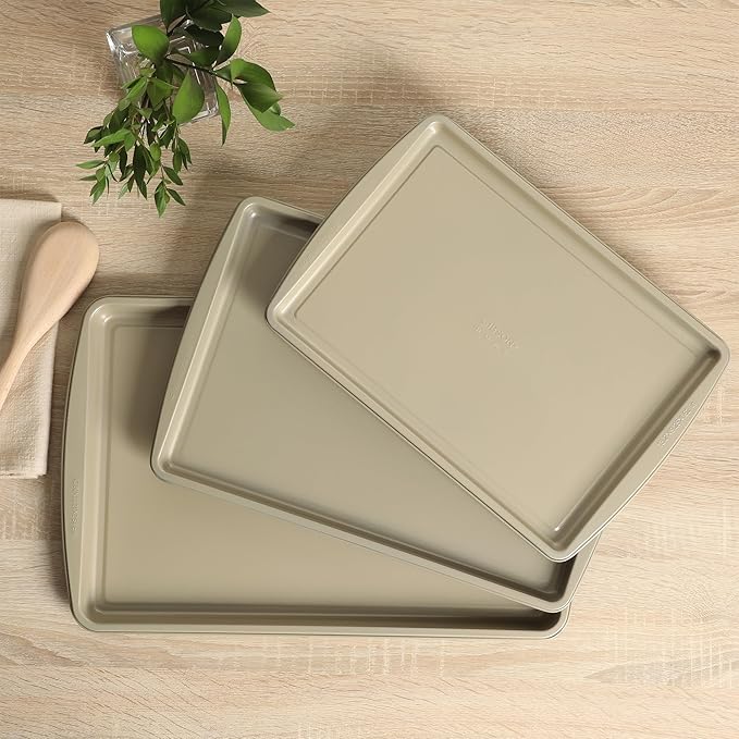 Gibson Home Lyneham 3 Piece Carbon Steel Nonstick Kitchen Baking Pans/Cookie Sheet Bakeware Set, Premium PFA Nonstick Material - Champagne Gold