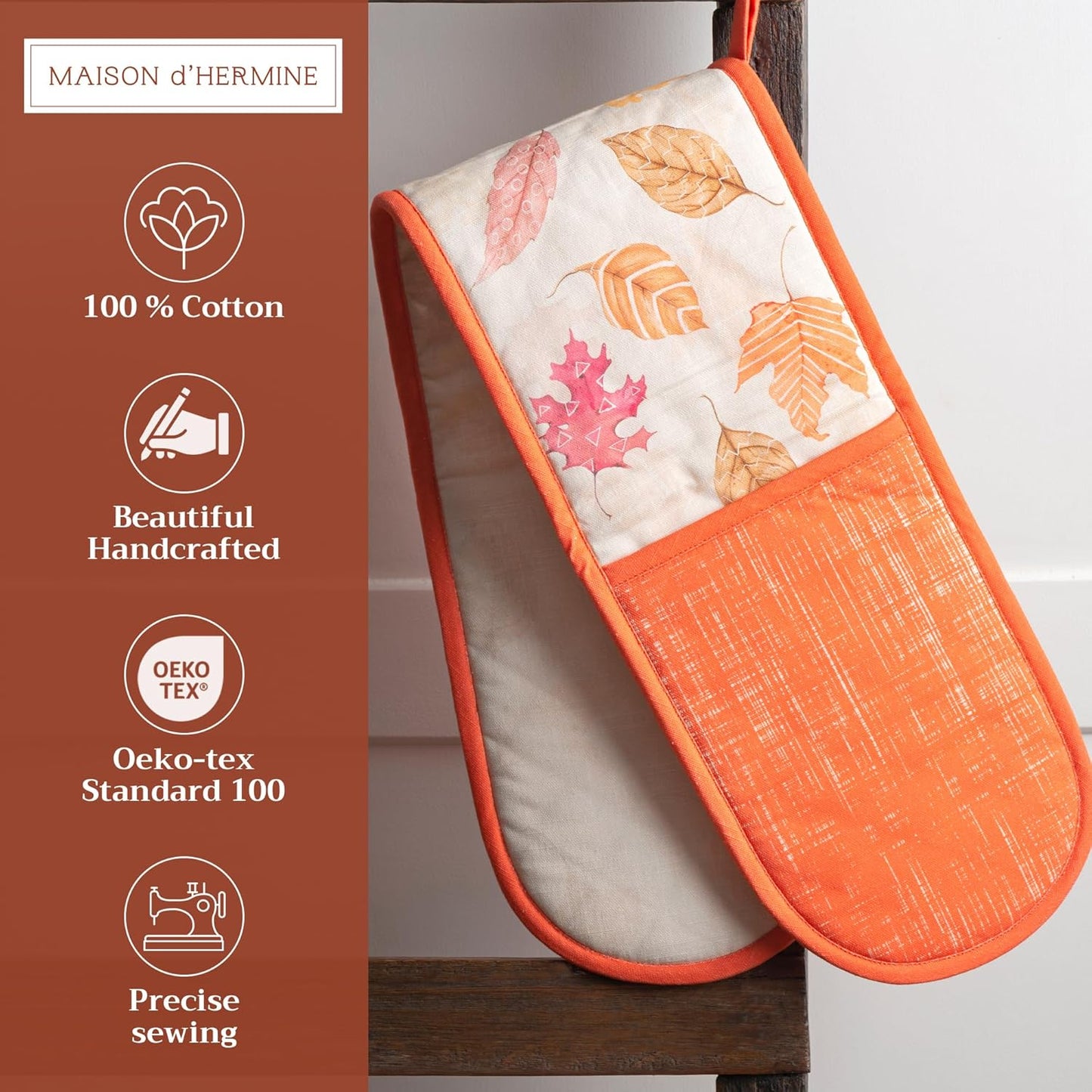 Maison d' Hermine Double Oven Mitts 100% Cotton 7"x35" Double Oven Mitt Heat Resistant BBQ Cooking Gloves with Loop, Baking, Grilling, Home, Kitchen, Handling Hot Pans (Colors of Autumn)