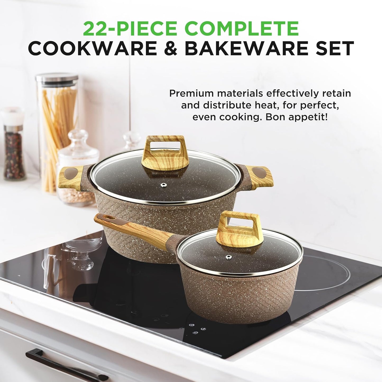 Nutrichef 22-Piece Black Marble Non-Stick Cookware and Bakeware Set - Professional Home Kitchen Collection with Multi-Sized Pots, Pans, and Heat-Resistant Tools