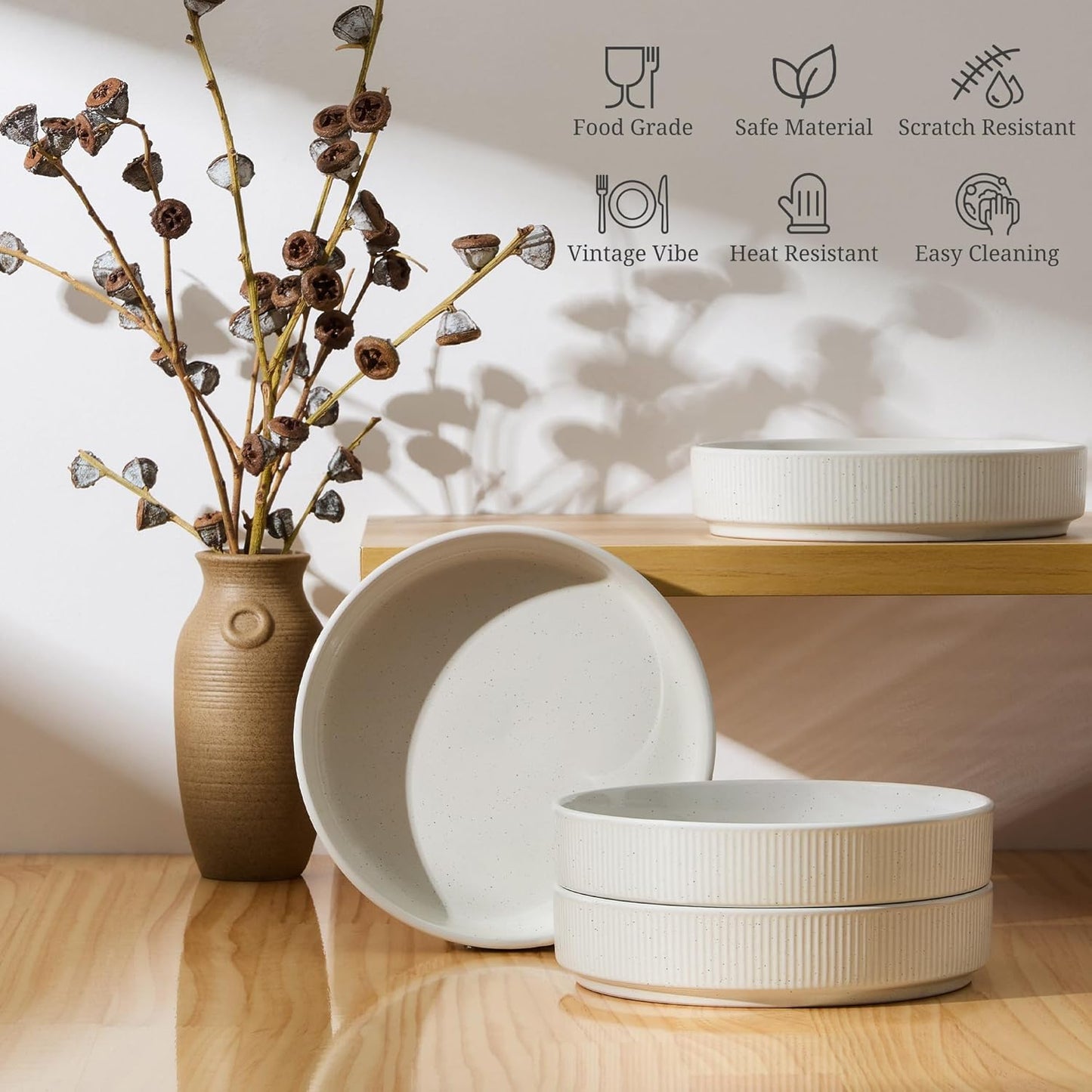 E-far Pasta Bowls Set of 4, 35oz Large Salad Bowl Plate for Dinner Serving Soup, Wide & Shallow Ceramic Stoneware Pasta Plates, Microwave & Dishwasher Safe, Textured Stripes & Speckled White, 8”