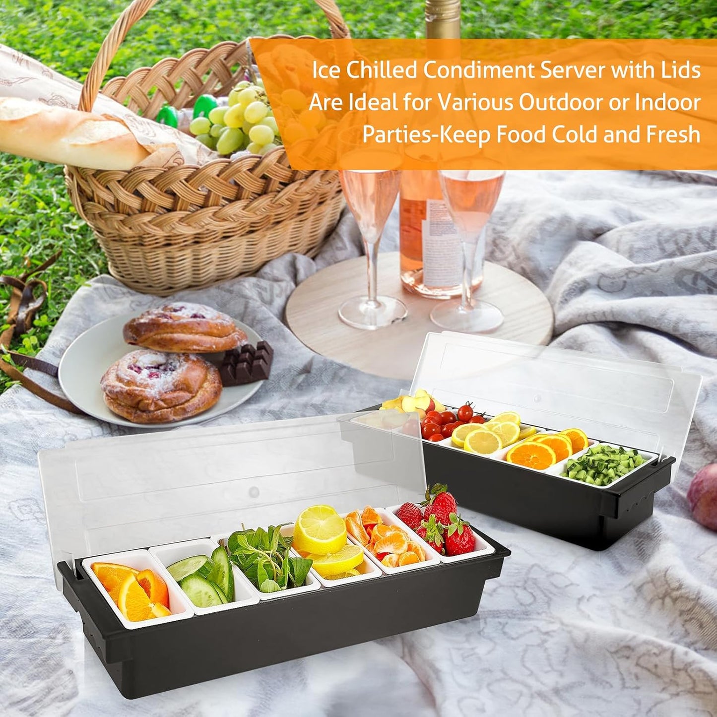 WICHEMI Fruit, Veggie & Condiment Caddy with Lid Dispenser Tray Garnish Station for Bartending & Serving Taco, Ice Cream, Salad Bar - Topping Organizer for Restaurant Supplies (6 Compartment, 2 Pack)