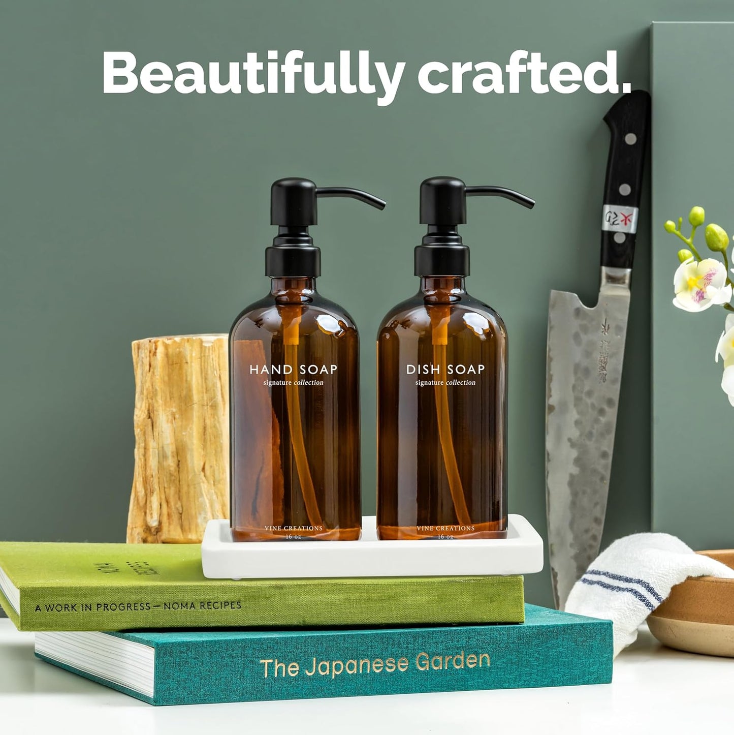 Vine Creations Amber Glass Soap Dispenser Set, Kitchen Soap Dispenser Set with Ceramic Tray, 16 oz Dish Soap and Hand Soap Dispensers with Stainless Steel Pump Decor (Amber Bottle/Matte Black)