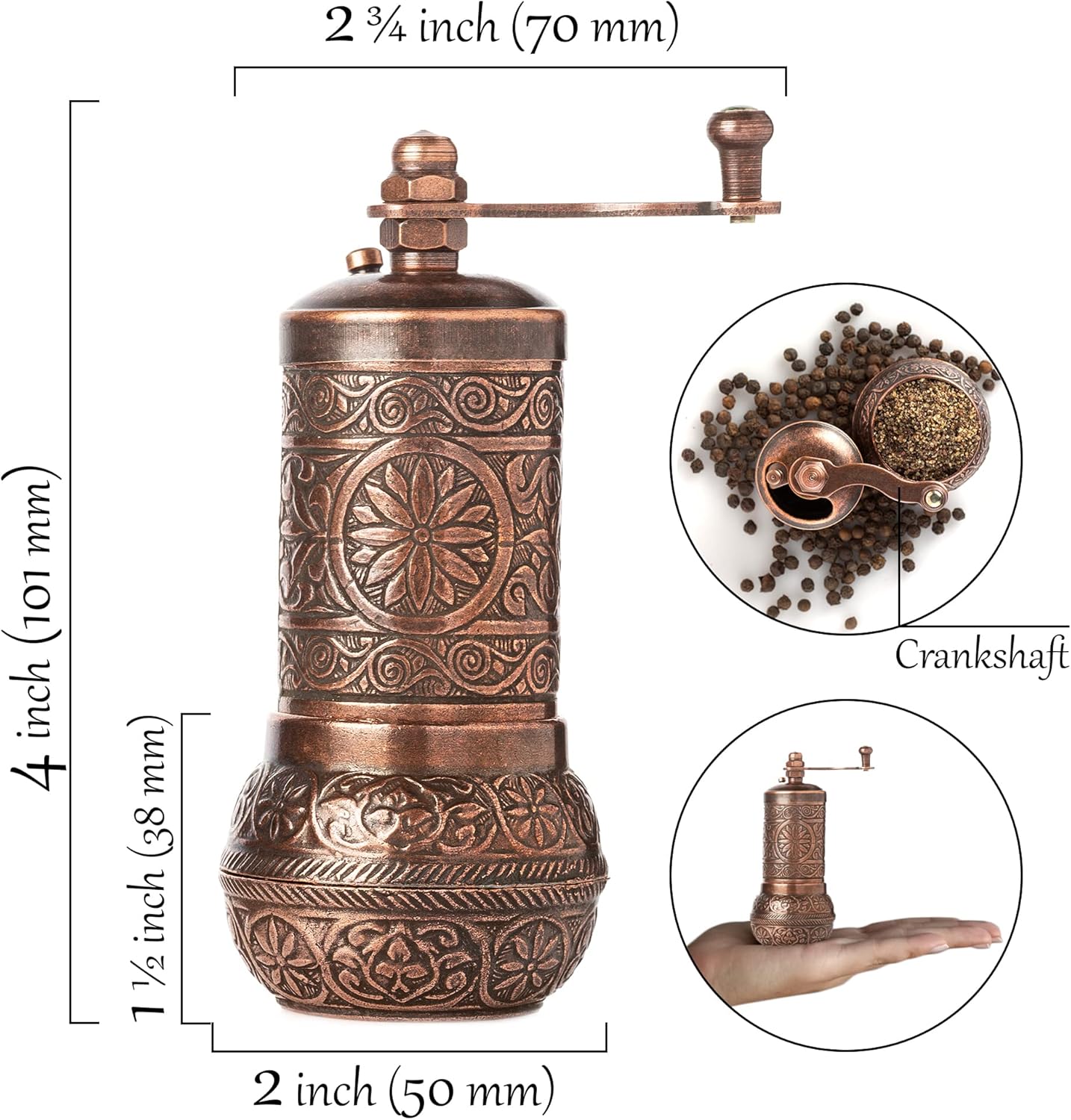 Decorative Black Pepper Grinder, Refillable Turkish Spice Mill with Adjustable Coarseness, Manual Pepper Mill with Handle, Spice Grinder Metal with Hand Crank, Copper