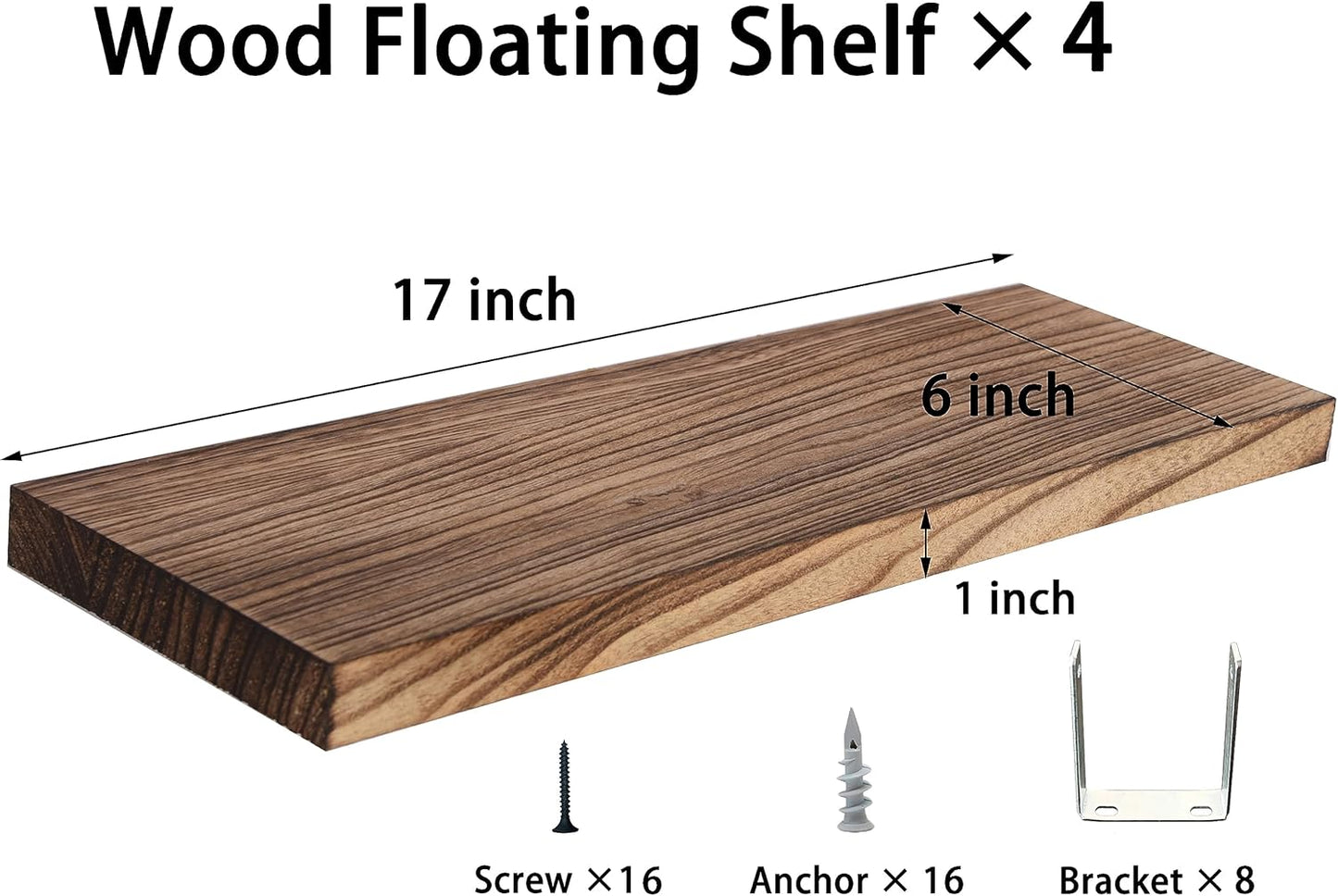 Wood Floating Shelves for Wall, Wooden Wall Shelves for Bedroom, Wall Mounted Shelves for Living Room, Set of 4 Light Brown 16 Inch