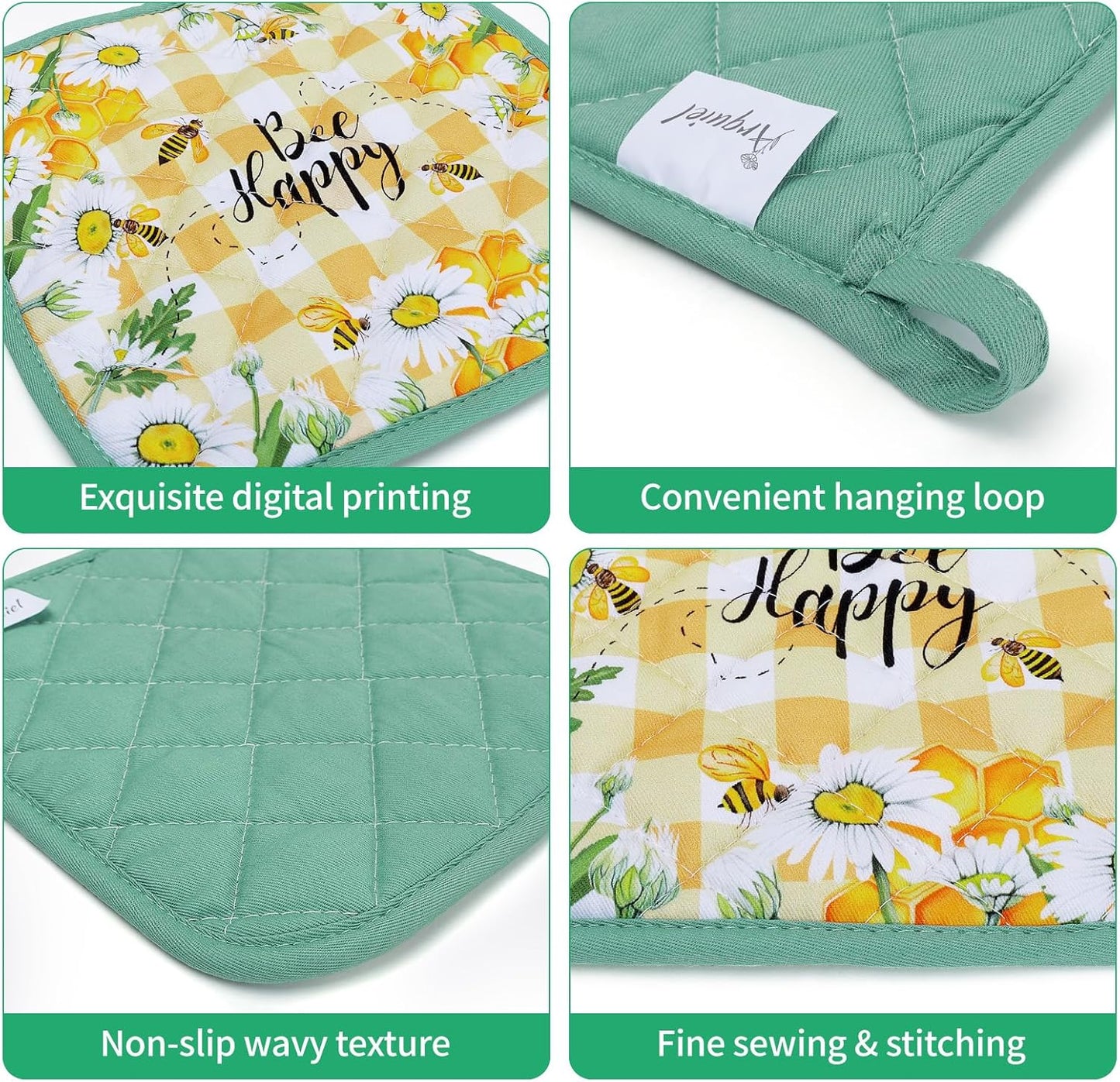 Bee Daisy Oven Mitts and Pot Holders Sets 100% Cotton Heat Resistant, Extra Long Oven Gloves Potholder for Kitchen Cooking Baking Housewarming