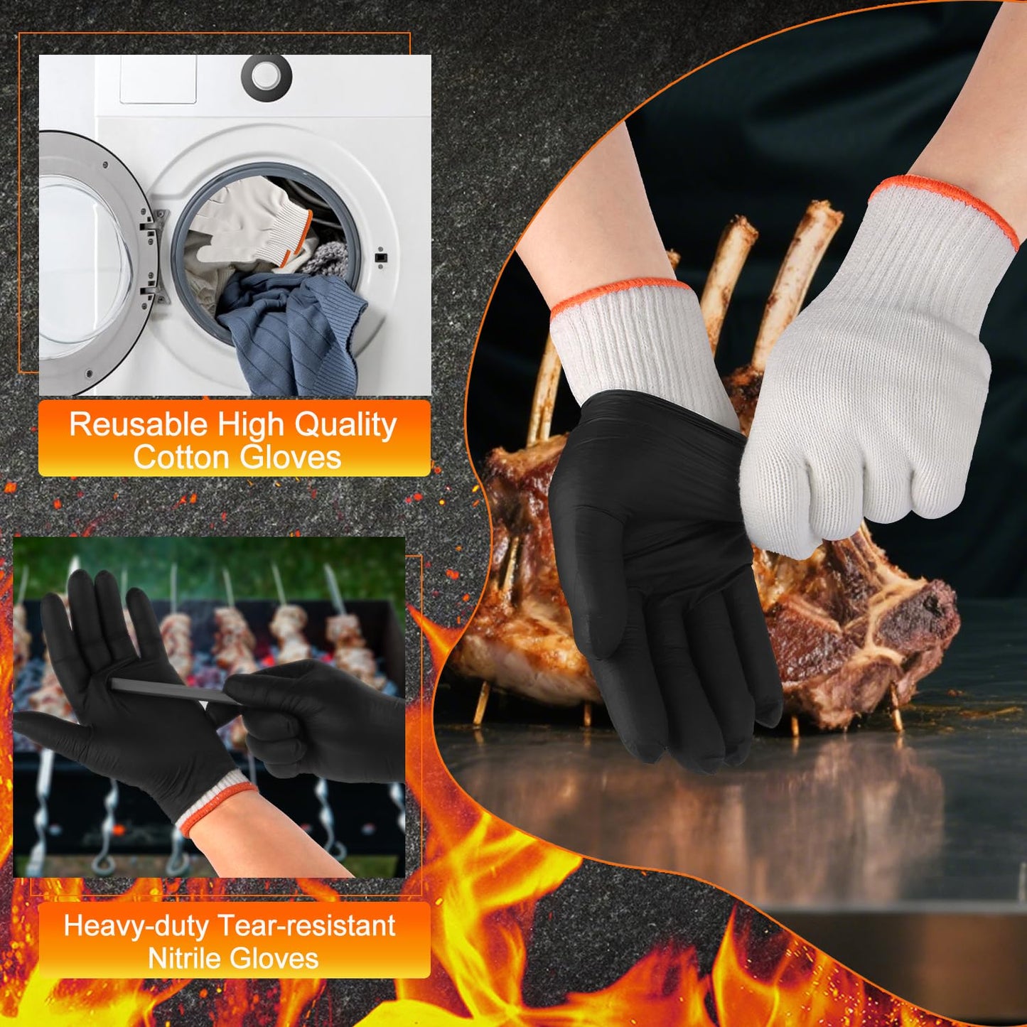 BBQ Gloves for Cooking Baking Grilling, 100 Count Disposable Nitrile Gloves and 4 Count Cotton Glove Liners Washable (6mil Nitrile, Large)