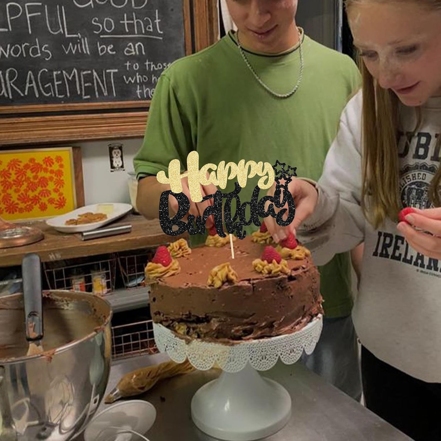 Ephlyn 1Pcs Happy Birthday Cake Topper Glitter Cake Pick for Celebrating Anniversary Theme Party Cake Decorations Supplies Black Gold