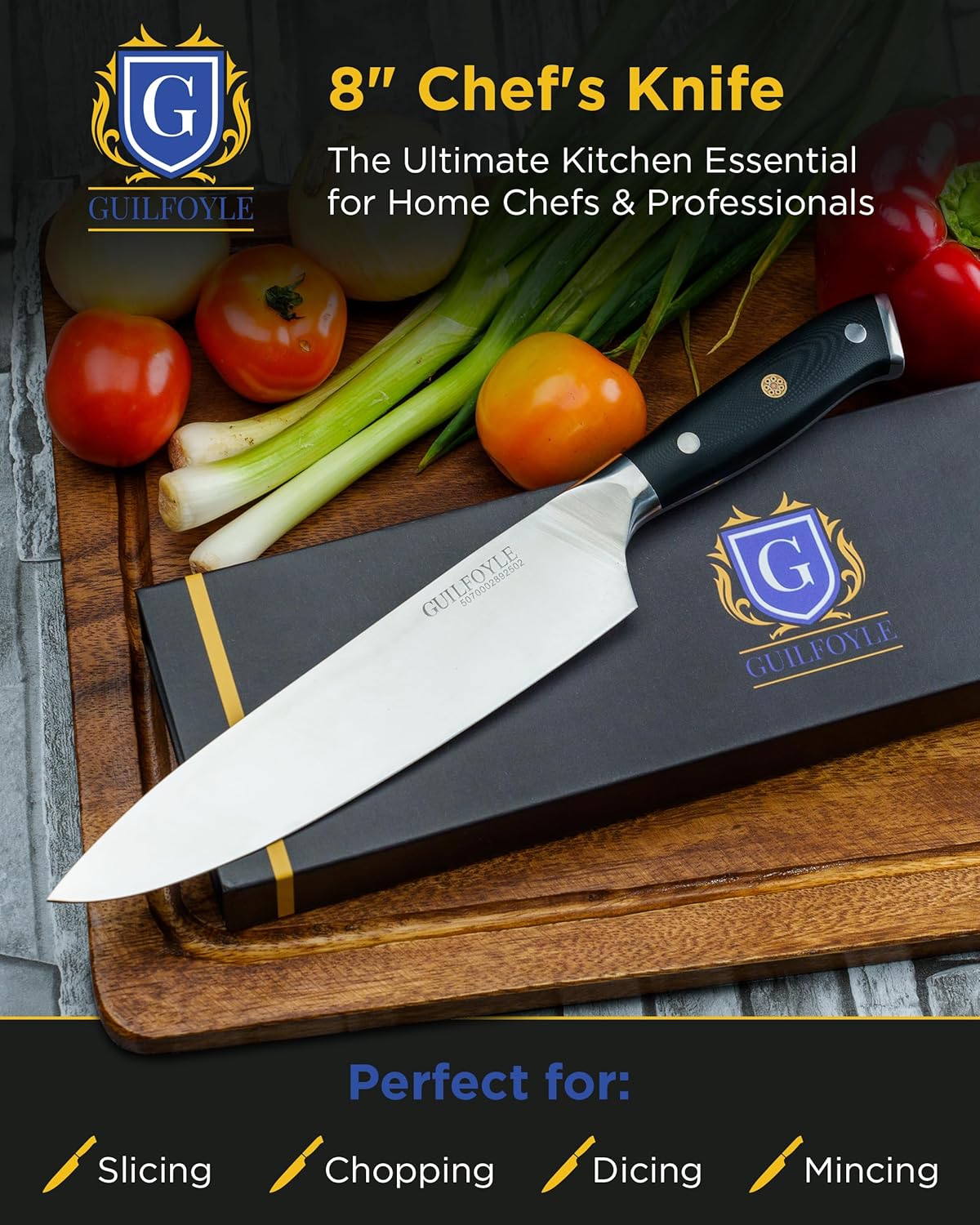 Modern Chef's Knife, Precision Crafted German Style High Carbon Stainless Steel, Improved Shape For Balance and Comfort, Space-Age Advanced Fiberglass Composite Handle, Full Tang, Butt Cap & Gift Box