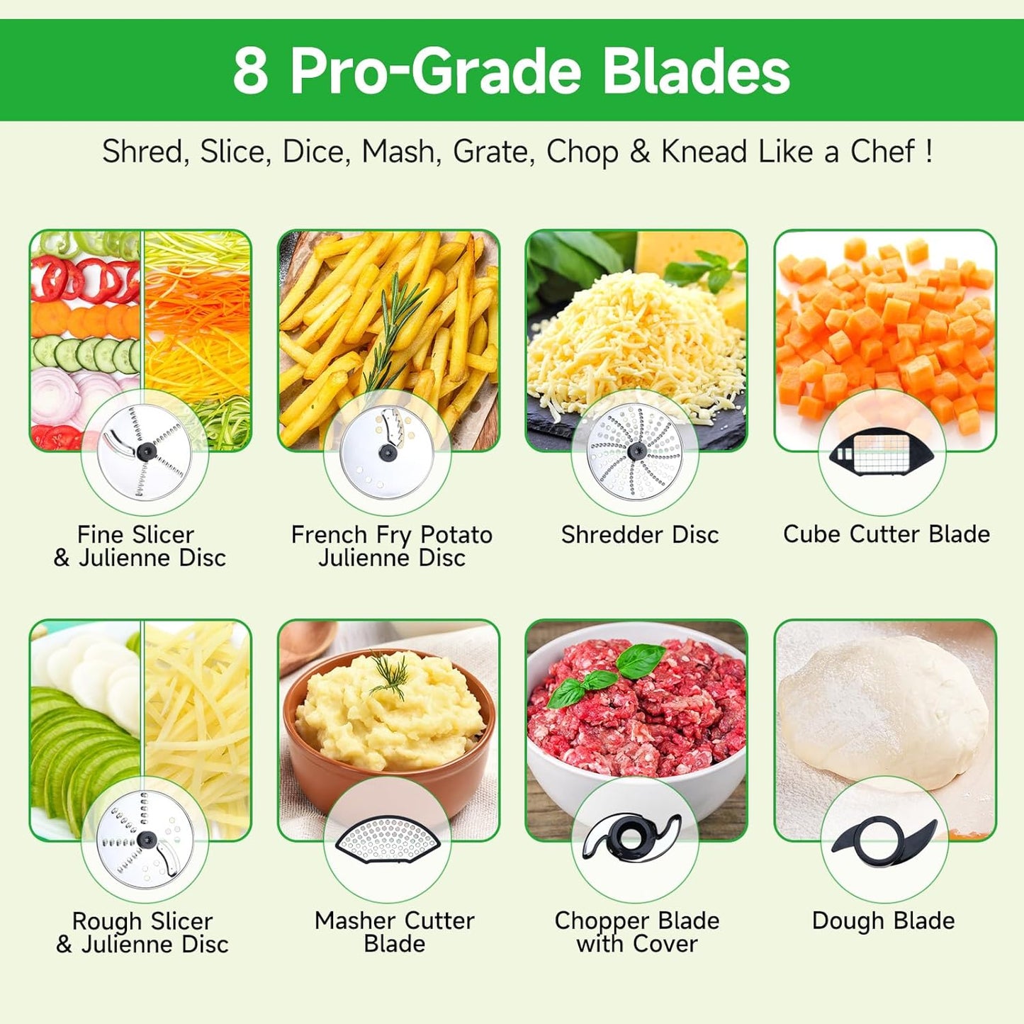 Homtone 16 Cup Food Processor Large, Aluminum-Diecast 11-In-1Food Processor with Whisk, 5 Preset Modes& Stepless Speed Control, 8 Blades for Shred, Slice, Chop, Knead, Dice, Fries Cut, 650W, Sliver