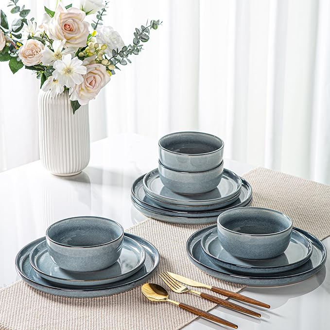 AmorArc Stoneware Dinnerware Sets for 6,Round Reactive Glaze Ceramic Plates and Bowls Set,Highly Scratch Resistant | Dishwasher & Microwave Safe Dishes Set,Service for 6 (18pc)