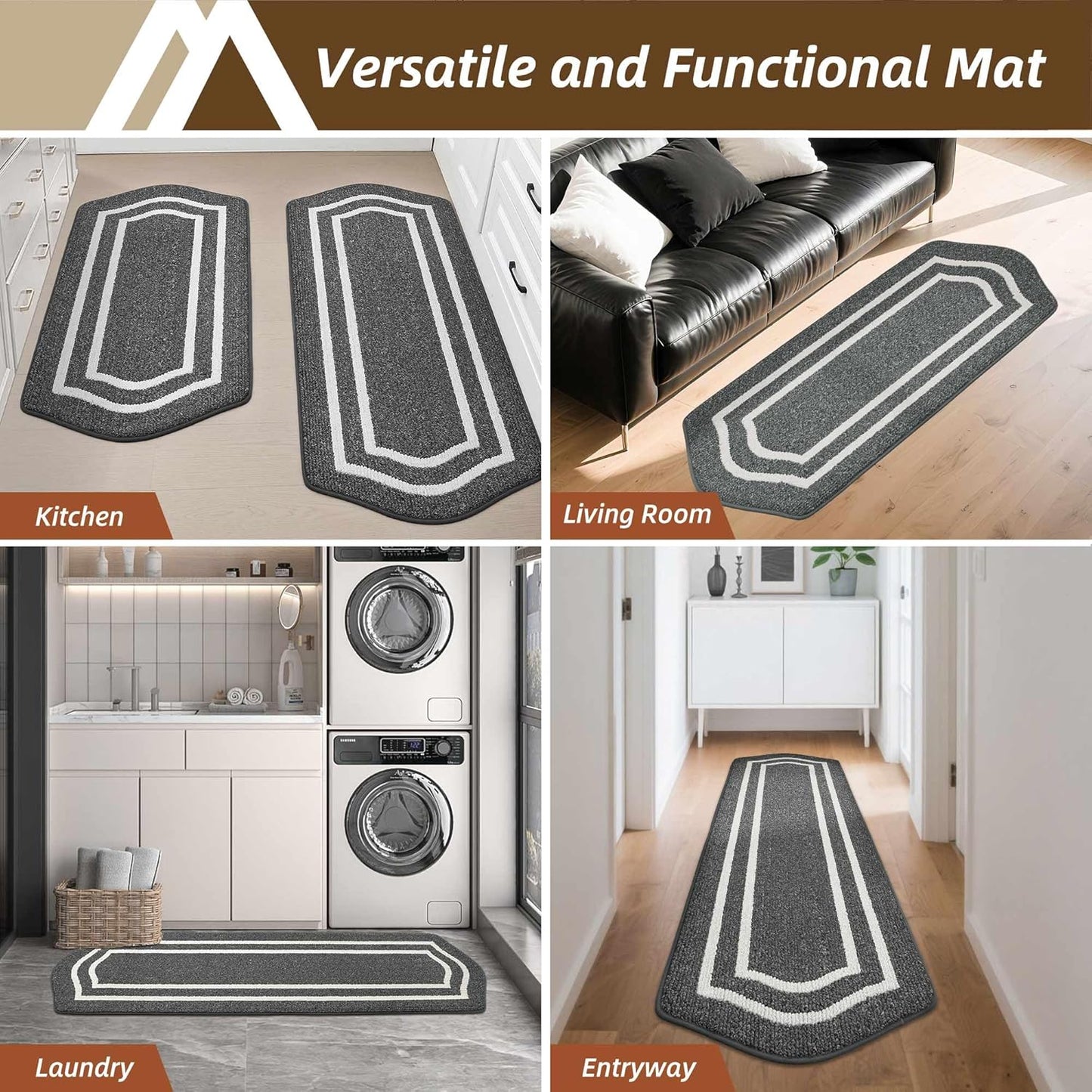 COSY HOMEER Long Kitchen Floor Mats for in Front of Sink Super Absorbent Kitchen Rugs and Mats 24"x48" Non-Skid Kitchen Mat Standing Mat Washable,Polypropylene,Dark Grey,Frame