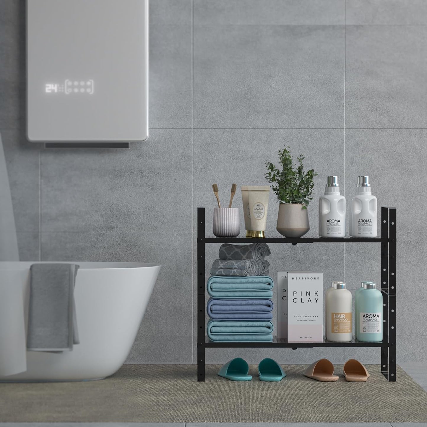 Expandable Shoe Rack Stackable Metal Pantry Storage Shelves Stand Adjustable Height Cabinet Shelf Organizer Racks Spice Shelving(2PACKS/BLACK,LARGE)