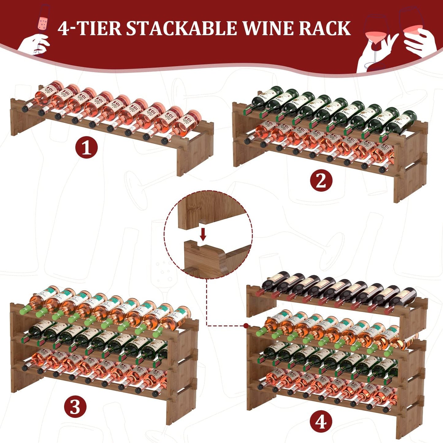 Domax Wine Rack Freestanding Floor - 36 Bottle Wine Racks Countertop,4 Tiers Stackable Wooden Storage Holder, 33.5 in Wide (Walnut)