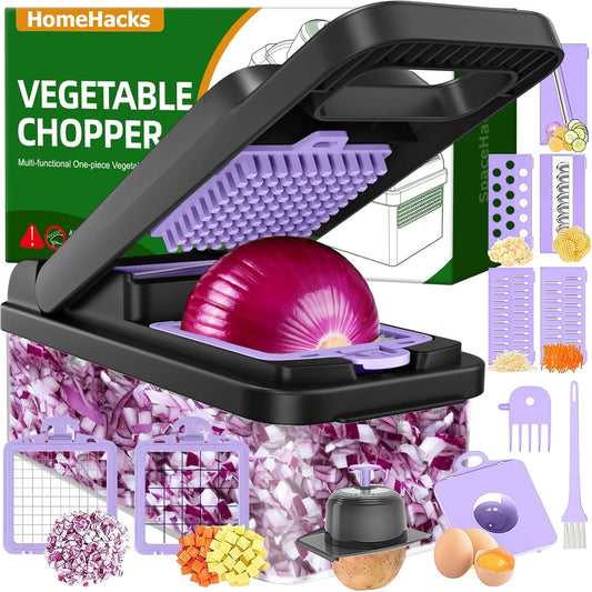 HomeHacks Vegetable Chopper Vegetable Cutter, 12 in 1 Kitchen Gadget, Dicer, Slicer, Onion Cutter, Salad, Cheese Grater & Egg Separator - Multi-Functional Veggie Chopper Lid with Handle (Purple)