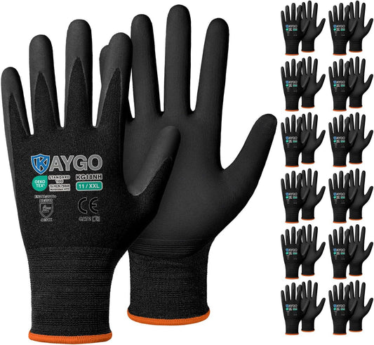 KAYGO Safety Work Gloves MicroFoam Nitrile Coated, 12 Pairs KG18NB,Seamless Knit Nylon Glove with full fingers Touchscreen, Ideal for Automotive,Warehouse,Construction (2XL, Black)