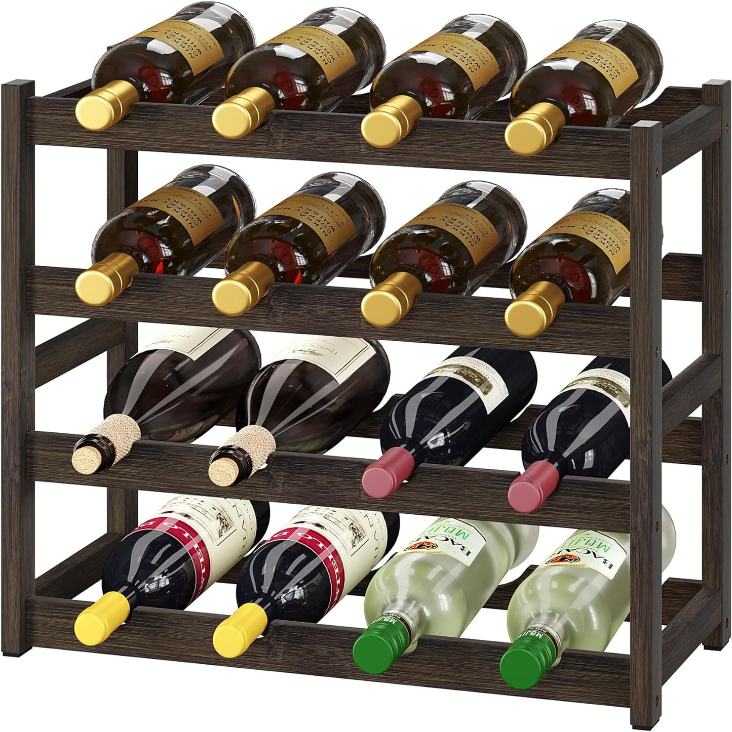 BAMEOS Bamboo Wine Rack Storage, 4 Tier Wine Racks Countertop, Wine Rack Freestanding Floor Wine Holder Cabinet for Kitchen, Bar, Pantry, Wine Cellar, Basement,Study (16.85 L x 9.25W x 17.24H)
