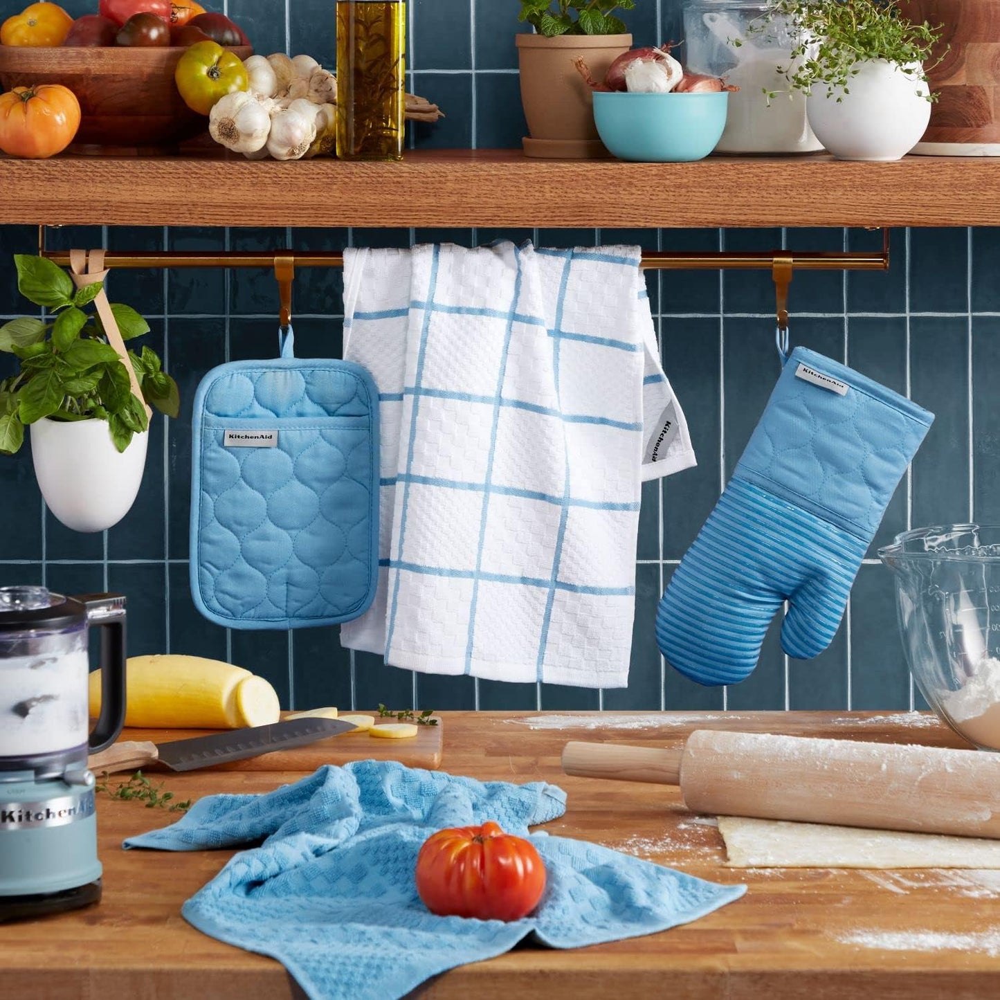 KitchenAid Quilted Cotton Terry Cloth Oven Mitt, Pot Holder Heat Resistant, 16"x26", 7"x13" & 7"x10", Blue Velvet