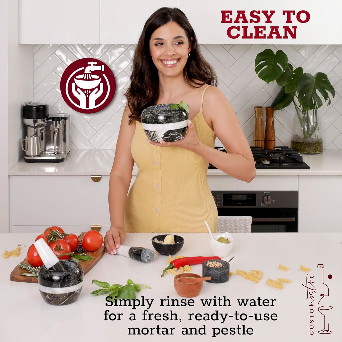 Gusto Nostro Natural Marble Mortar and Pestle Set | 5 Inch - 2.5 Cup Large Mortar Pestle Set for Grinding Herbs, Nuts, Grains | Pesto Grinding and Guacamole Stone Bowl | Marble Spice Crusher