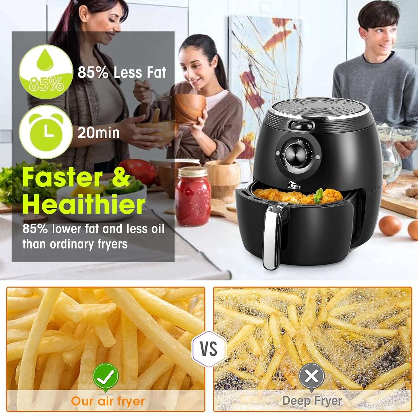 Air Fryer 5.8QT/5.5L, Uten 1700W AirFryer High-Power Electric Hot Temperature Control & Timer Knob, Non Stick Fry Basket, Dishwasher Safe, Apply to Party, Afternoon Tea, Black