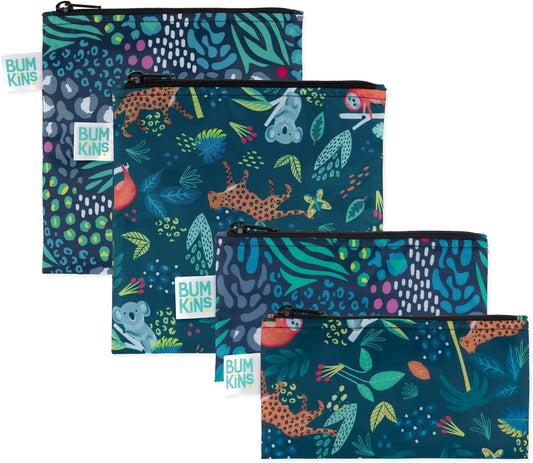Bumkins - Cloth Snack & Sandwich Bags - For Storage, Travel, Food Prep, Lunch - Reusable, Water Resistant, Washable, Dishwasher Safe - Snack Bags for Kids - Zipper Closure - Jungle - 4 Pack
