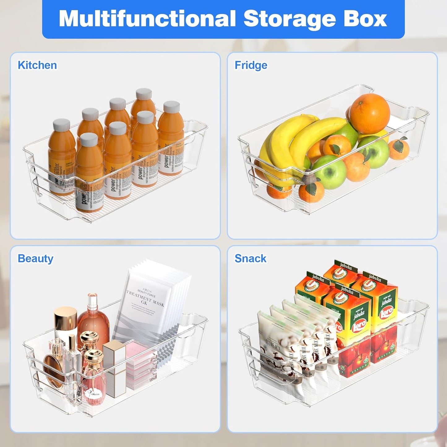 Clear Refrigerator Storage Bins, 8-Piece Set, Stackable Kitchen Organizer Containers for Fridge and Pantry (Clear 8 Pack-12.4"*6.1"*3.4")