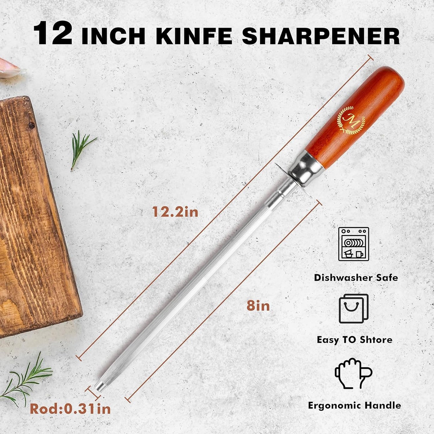 Knife Sharpener Rod, Kitchen Knives Sharpener Carbon Steel Professional Knife Sharpening Steel, Honing Rod with Hanging Holes (13 inches), M