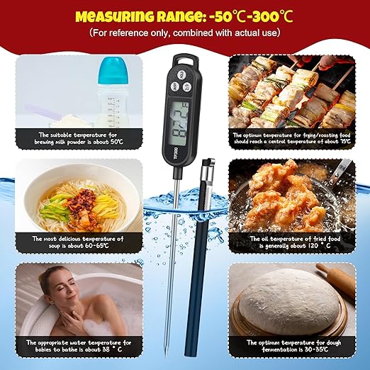 12 Pcs Instant Read Meat Thermometer with Long Probe 9.65 Inch Kitchen Cooking Food Candy Waterproof Digital Thermometer for BBQ Water Milk Yogurt Liquid Cooking (Black,White,Red)