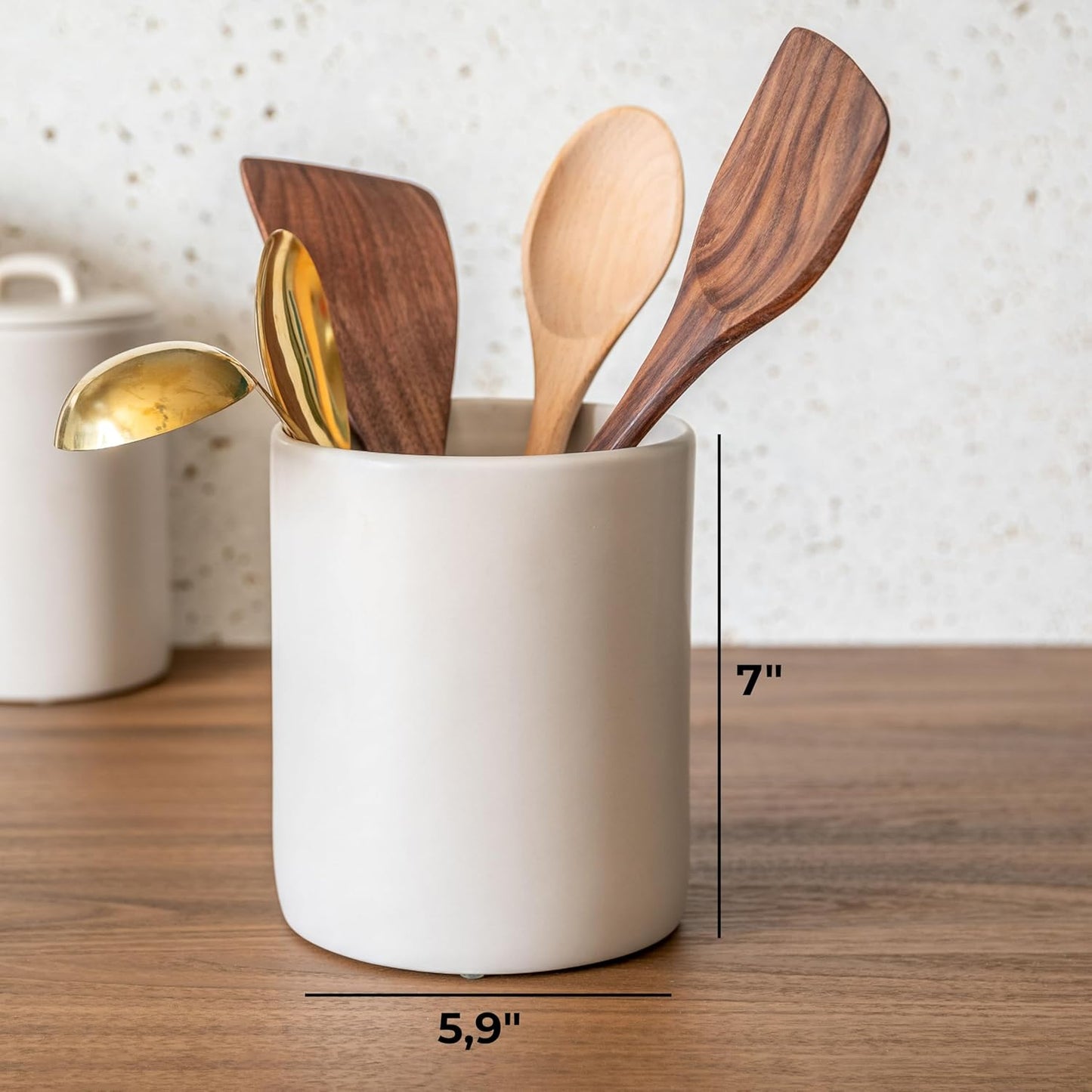 Ceramic Large Kitchen Utensil Holder for Countertop, 7"x5.9", Stable & Sturdy, Cooking Utensils Holder, Smooth & Matte Cream Color,Silicone Pads, Utensil Organizer for Kitchen Counter Decor