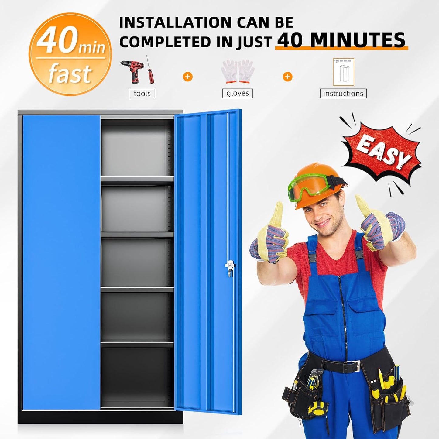 INTERGREAT Storage Cabinet, 72” Steel Locking Closet with Doors and 4 Adjustable Shelves, Tool Unit for Home Office, Garage & Tall Lockable File Cabinet, Black Blue.