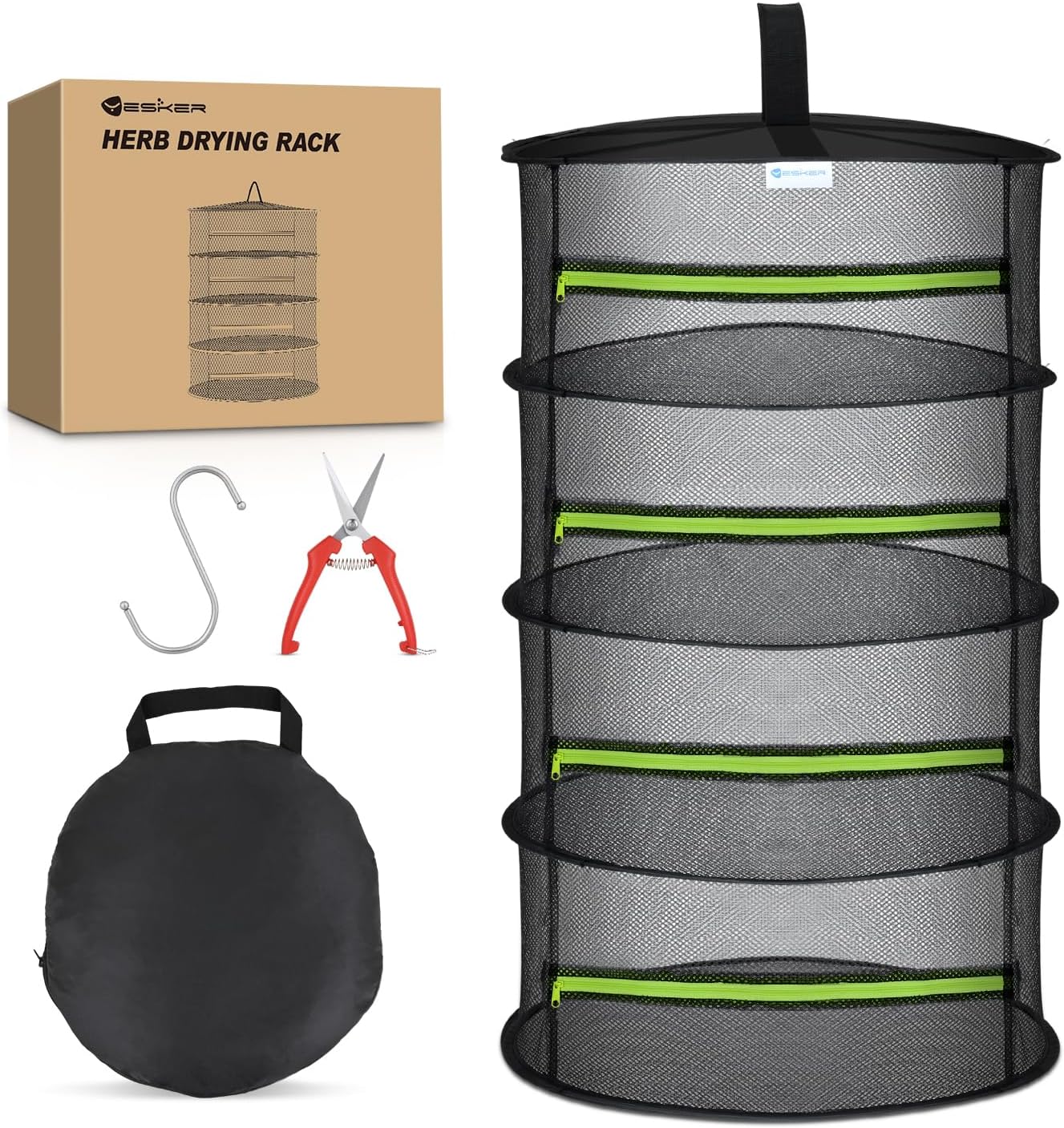 Yesker 4 Layer Herb Drying Rack Hanging Mesh Net Foldable Plant Drying Racks 24" w Green Zipper Pruning Shears Hook Dryer Hanging Rack for Herbs Seed Bud Fruit Clothes Grow Tent Closets Garden Outdoor