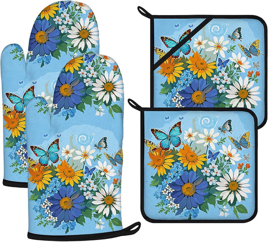 Sunflower Butterfly Oven Mitts and Pot Holders Sets 4Pcs,Extra Long Oven Gloves Potholder for Kitchen Cooking Baking BBQ 100% Cotton Heat Resistant