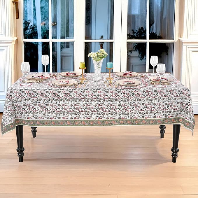 Ridhi Coral Pink Trails Hand Block Print Cotton Rectangle Tablecloth 160 x 72 inch-Reusable Table Cover Decorative Everyday Use for Dining Room, Farmhouse, Thanksgiving, Christmas Wedding, Fall