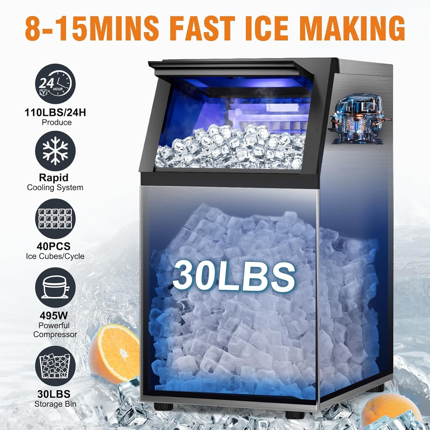 Commercial Ice Maker 120LBS/24H, Stainless Steel Freestanding Ice Maker Machine 30LBS Storage Bin, Auto Clean Under Counter ice Machine for Home, Restaurant, Bar, Hotel, Store