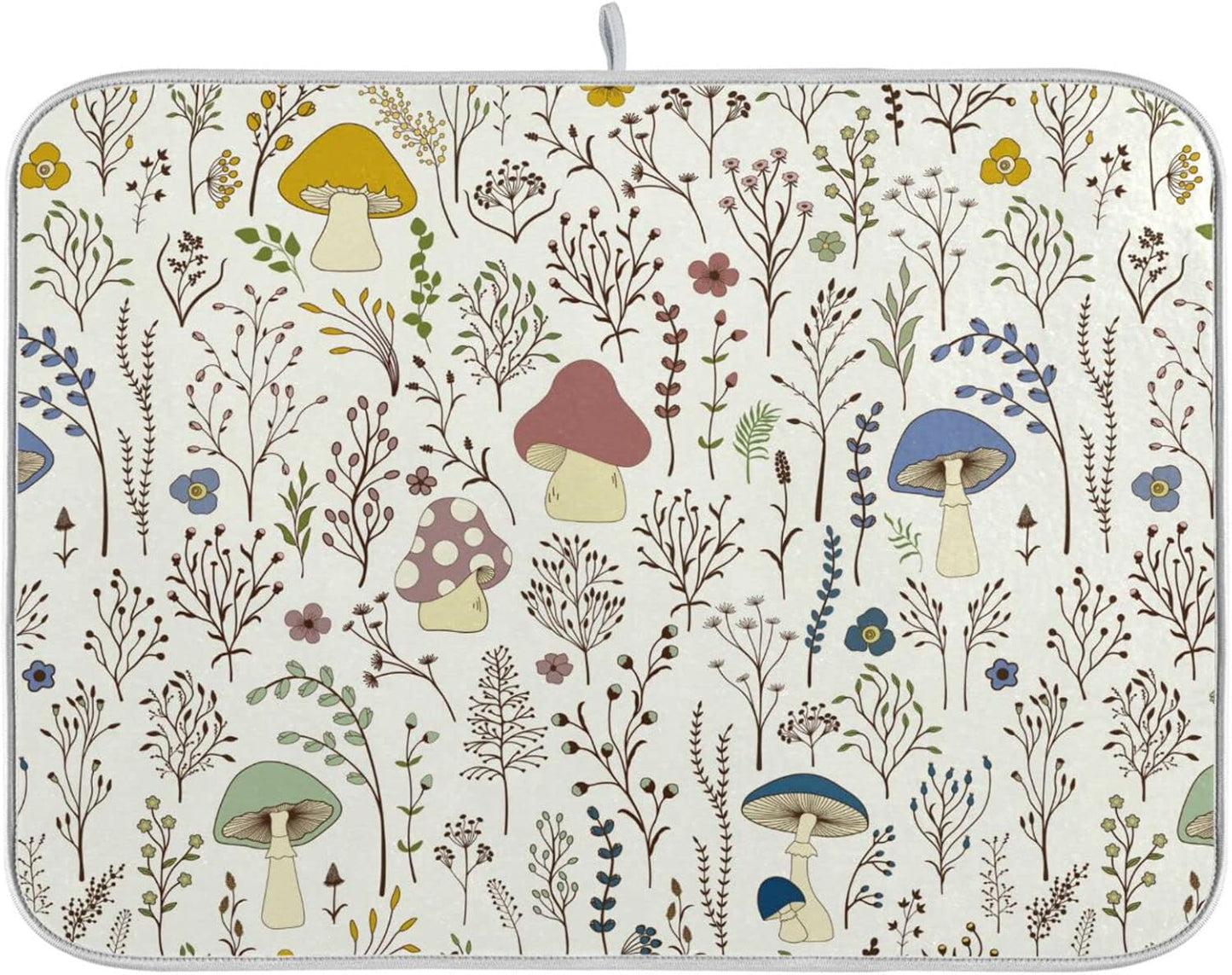 Cute Mushroom Wild Plant Dish Drying Mat for Kitchen Counter Absorbent Microfiber Drying Pad, Large 18x24 in, Reversible Drainer Mats