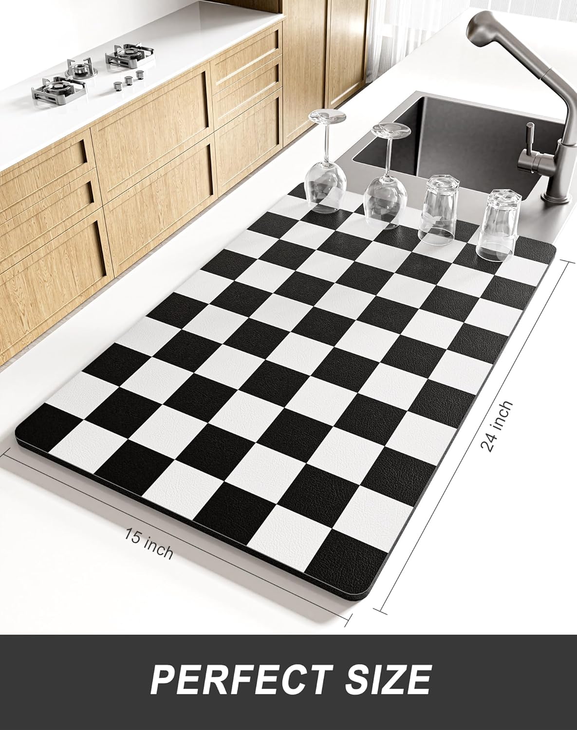 Rnivvi Dish Drying Mat for Kitchen Counter, XL 15 x 24" Cute Checkered Absorbent Draining Pad, Non-Slip Heat Resistant Coffee Bar Mat for Coffee Machine Station Accessories, Black White Dish Rack Pad