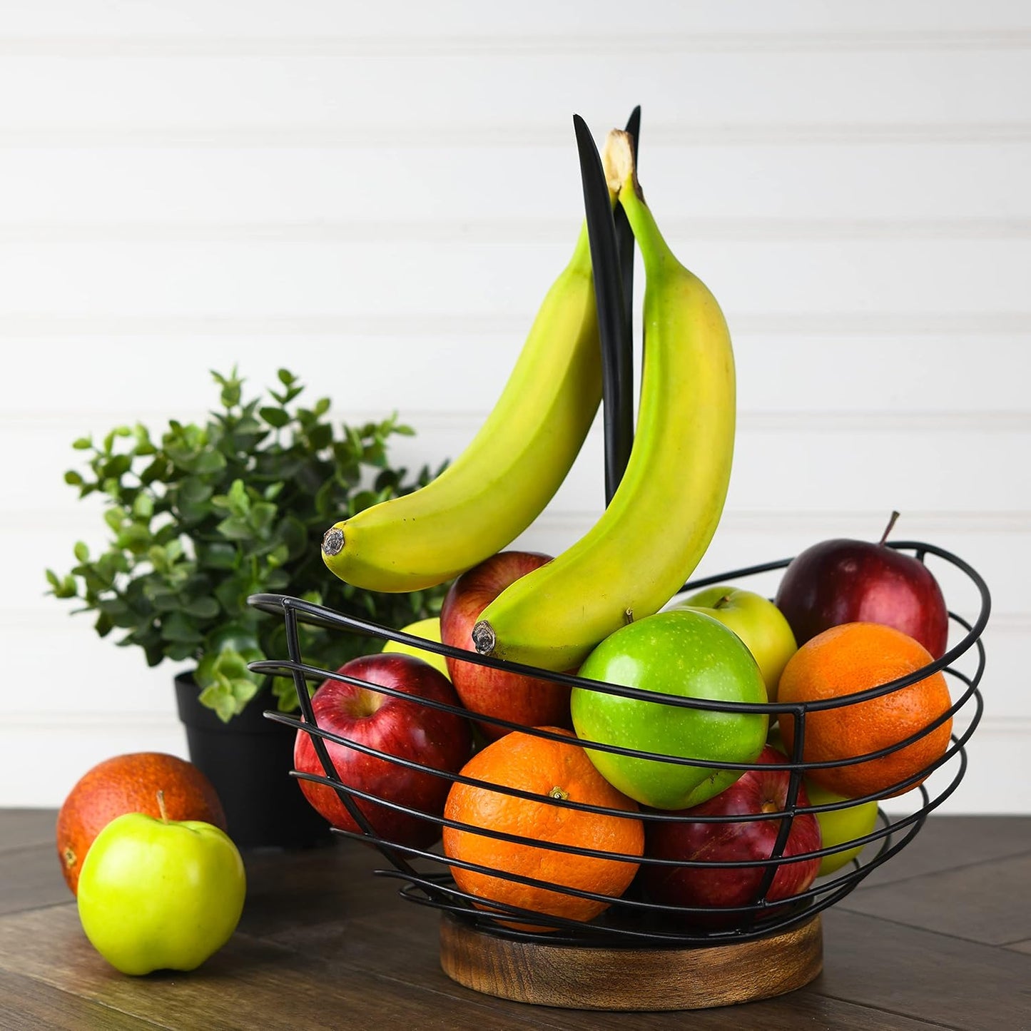 Modern Farmhouse Fruit Basket with Banana Holder for Kitchen Counter, Vintage Wire and Wooden Base Fruit Bowl & Banana Hanger for Kitchen Countertop Decor, Banana Tree & Fruit Stand