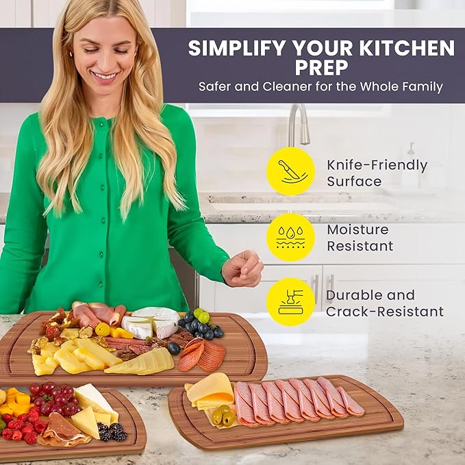 Organic Bamboo Cutting Boards for Kitchen Set of 3 with Lifetime Replacements- Non Toxic Wood Chopping Board for Charcuterie, Meat, Vegetables and Fruits - Ideal Kitchen Gifts for Home Chefs