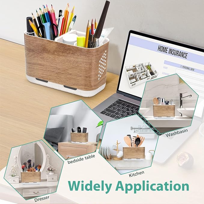 Boperzi Toothbrush and Toothpaste Holder Wood Grain for Bathroom Countertop with Adjustable Dividers, Toothpaste Caddy Organizer Storage Rustic Decor Set Freestanding Anti-Slip for Shower,Family,Kids