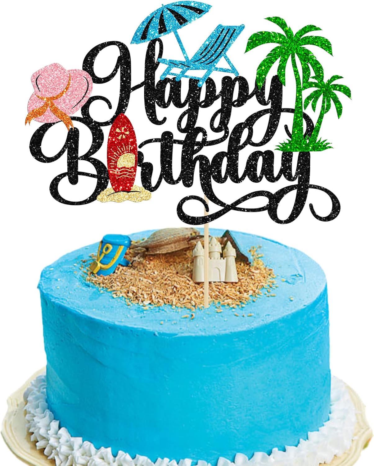 Gyufise 1Pcs Summer Beach Happy Birthday Cake Topper Glitter Ball Tree Umbrella Pool Cake Pick for Hawaiian Holiday Baby Shower Birthday Party Cake Decorations Supplies Black