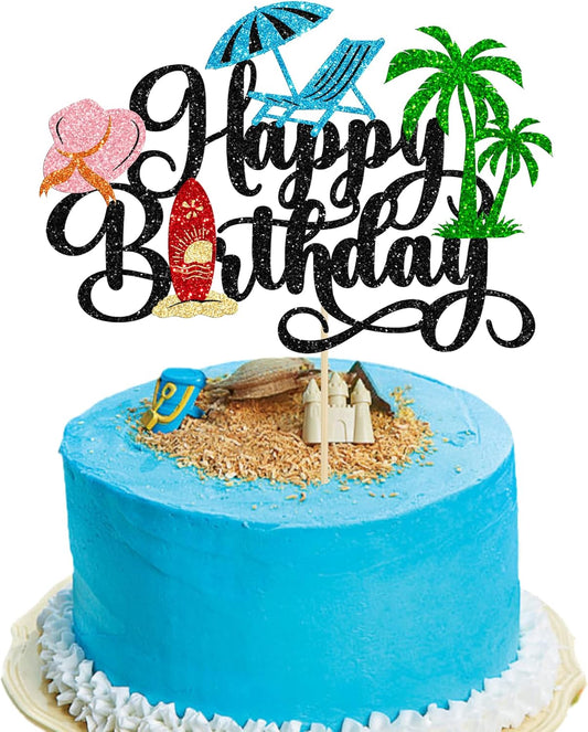 Gyufise 1Pcs Summer Beach Happy Birthday Cake Topper Glitter Ball Tree Umbrella Pool Cake Pick for Hawaiian Holiday Baby Shower Birthday Party Cake Decorations Supplies Black