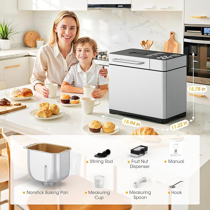 Manastin 2LB & 1.5LB Bread Maker Machine, 19-in-1 Automatic with 3 Crust Colors, 3-Step Beginner-Friendly Operation, Keep Warm, Programmable Delay Timer for Homemade Bread, Silver