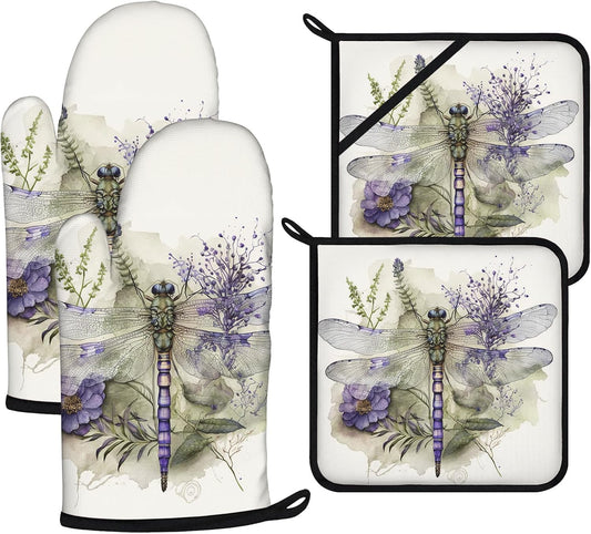 Dragonflies Oven Mitts and Pot Holders Sets 4Pcs,Extra Long Oven Gloves Potholder for Kitchen Cooking Baking BBQ 100% Cotton Heat Resistant