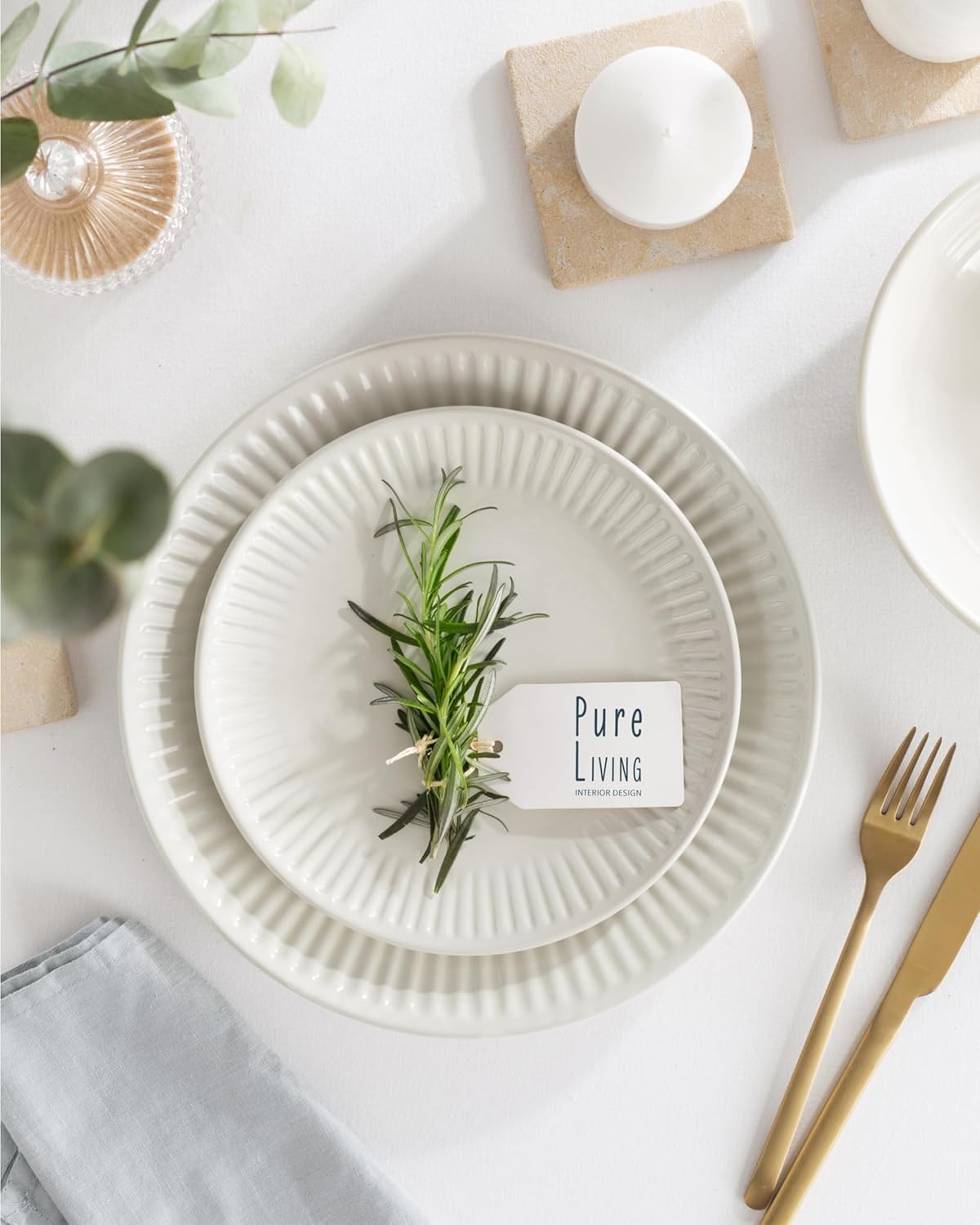 Stoneware Dinnerware Set for 8 People HYGGE 32-Piece - Elegant Scandi Design - Premium Dish Set - Bowl and Plate Set - Tableware for 8 People in a Ribbed Design - Pure Living in Beige