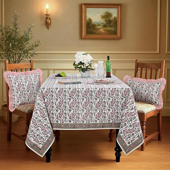 Ridhi Coral Pink Trails Hand Block Print Cotton Rectangle Tablecloth 108 x 70 inches Reusable Table Cover Decorative Everyday Use for Dining Room, Farmhouse, Home, Party, Festive & Wedding, Fall
