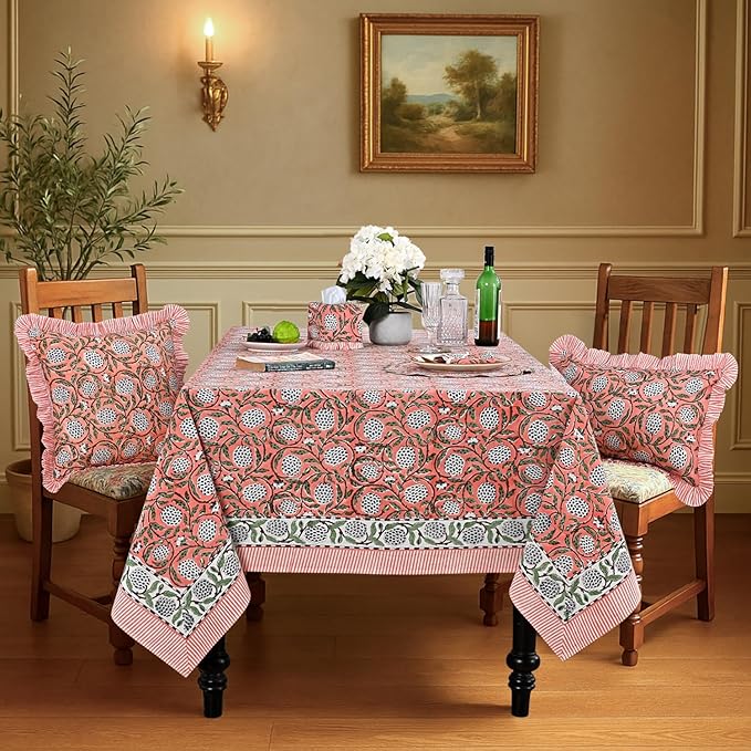 Ridhi Dark Salmon Pink 80 x 120 Inches Rectangular Cotton Washable Tablecloth, Hand Block Print Floral, for Kitchen, Dining, Spring, Easter, Wedding, Birthday, Bridal