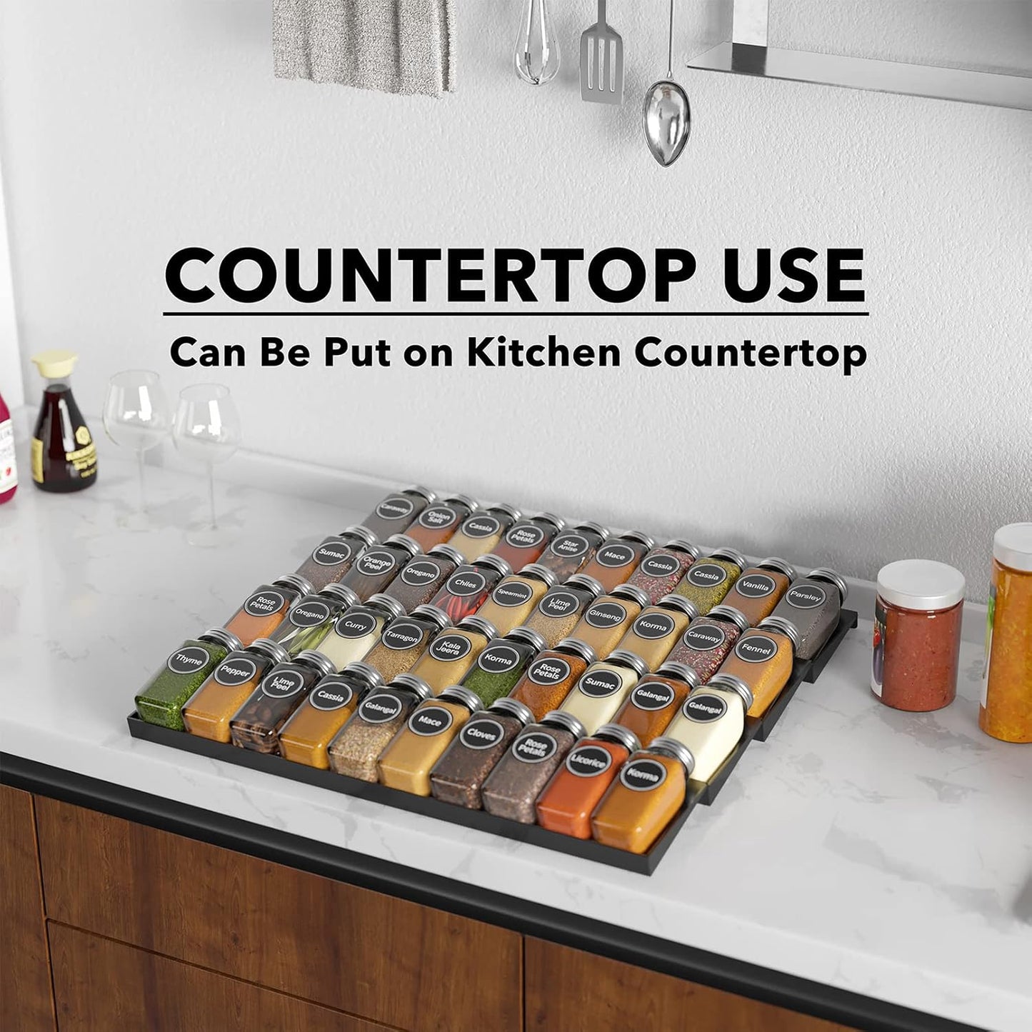 SpaceAid Spice Drawer Organizer with 40 Spice Jars, 386 Spice Labels, 4 Tier Seasoning Rack Tray Insert for Kitchen Drawers, 18.5" Wide x 17.5" Deep