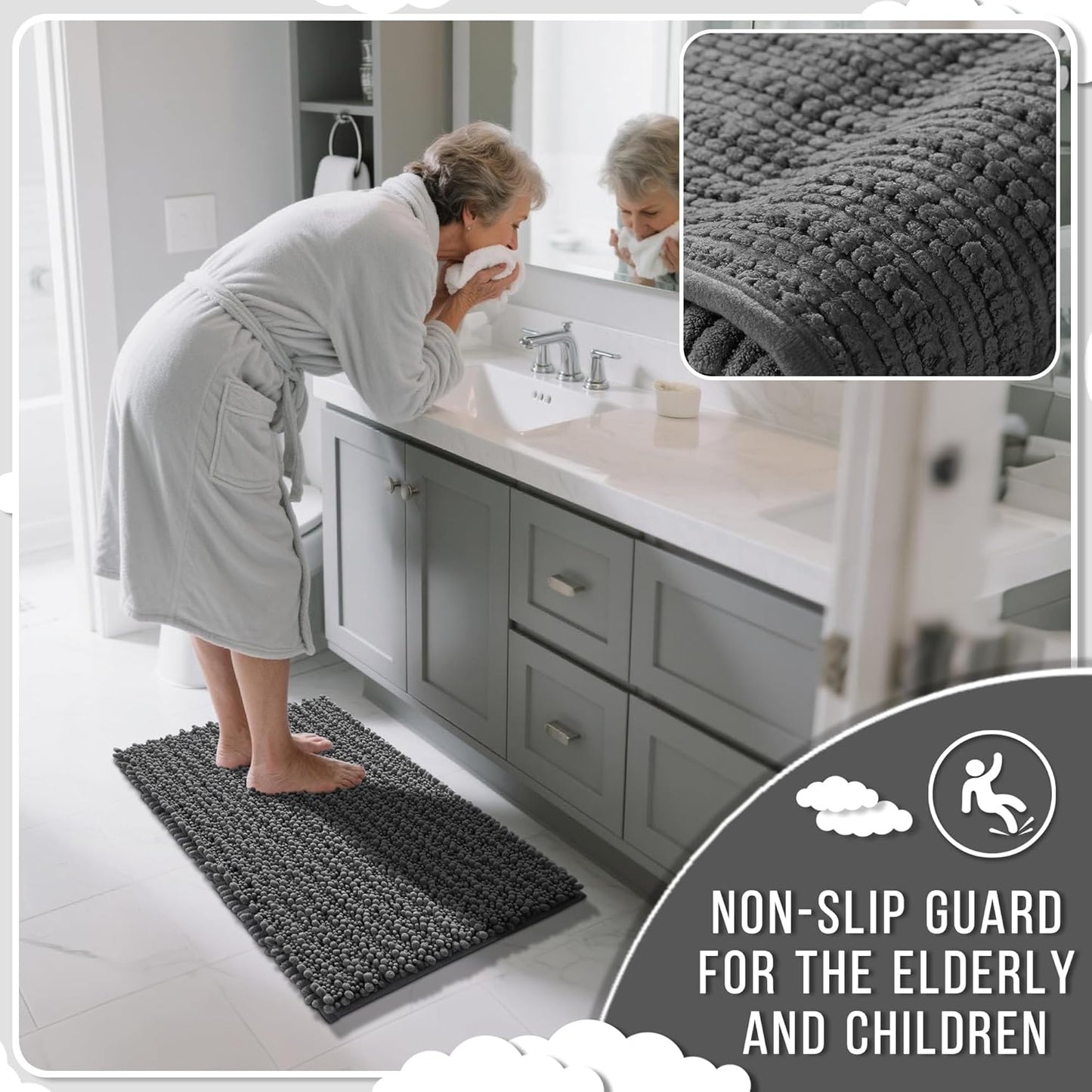Yimobra Long Bathroom Rugs Non Slip Washable 44x24 Inch - Ultra Soft Absorbent Chenille Bath Mat, Quick Dry Shaggy Floor Carpet for Tub Shower, Dark Gray Home Decor Accessories