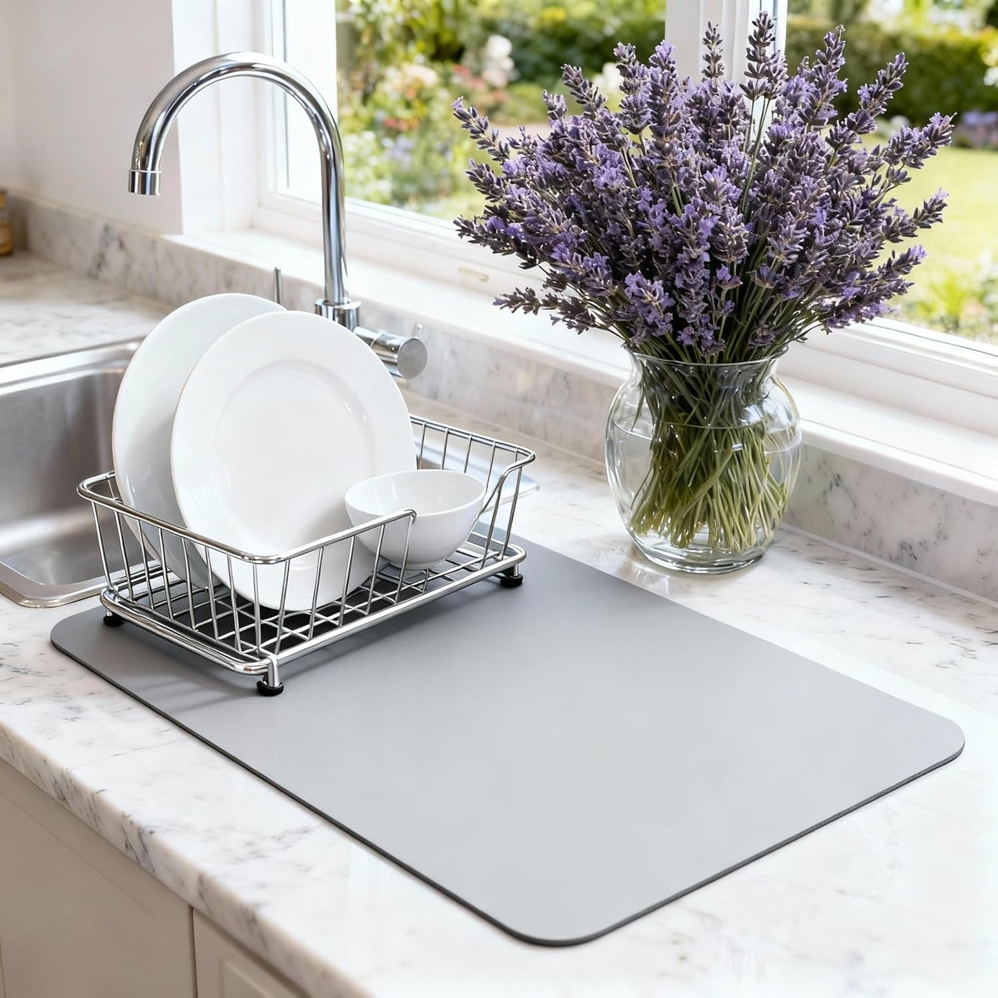 Dish Drying Mat Super Absorbent – 16" x 18" Coffee Mat for Countertops – Non-Slip Drying Mat for Kitchen Counter – Easy to Clean Water Absorbent Mat – Large Dish Drying Mats (Lite Gray)