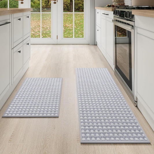 Kitchen Mat Kitchen Rugs Sets of 2 PCS Non Slip Washable, Super Absorbent Soft Braided Kitchen Mats for Floor, Rubber Backing Comfort Standing Kitchen Sink Mat Runner Rug, Gray 17"x28"+17"x47"