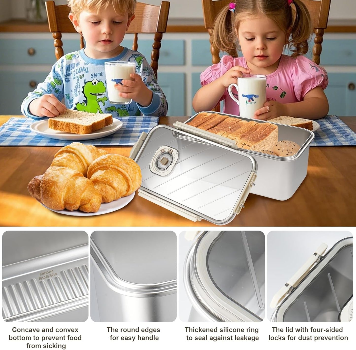 Bread Box for Homemade Bread, Time Recording Bread Storage Container with Lid, Airtight Fresh Bread Holder bin For Kitchen Countertop, Dishwasher Safe